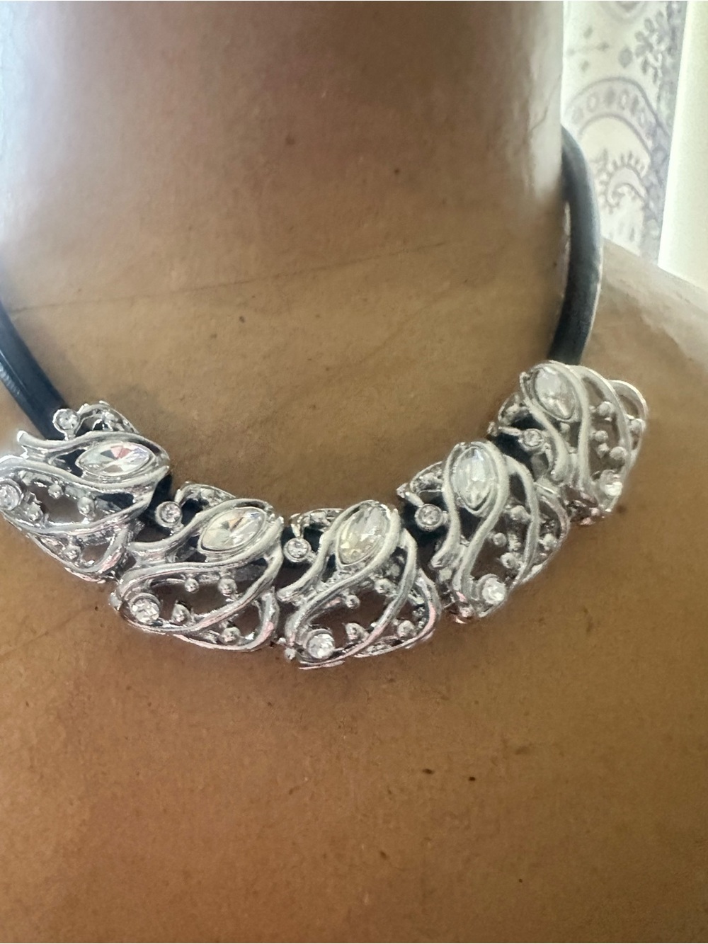 Rhinestone Silver-Tone Statement Choker Necklace in Black